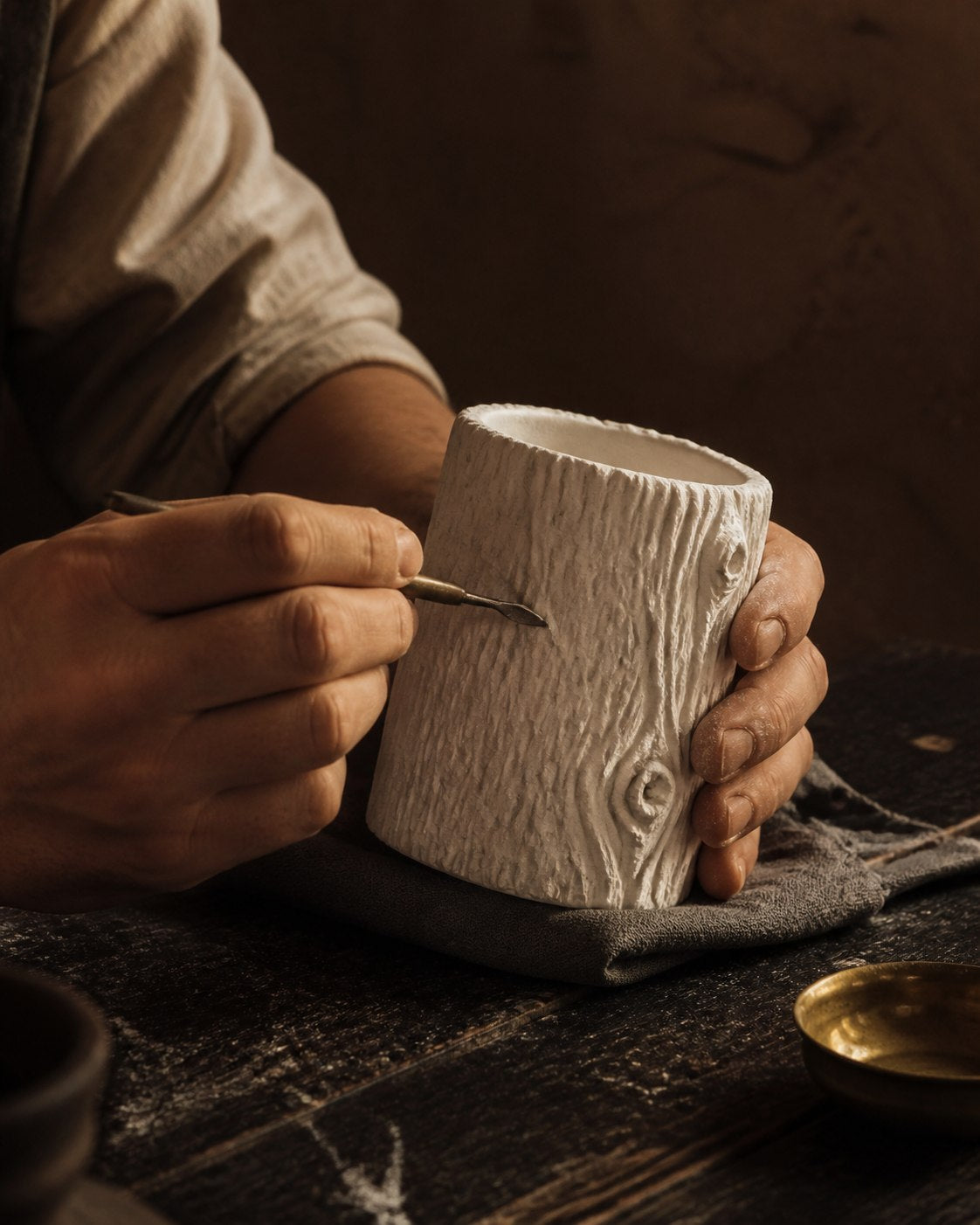 Mains d'un artisan travaillant la texture d'un contenant WAHJ en gypse